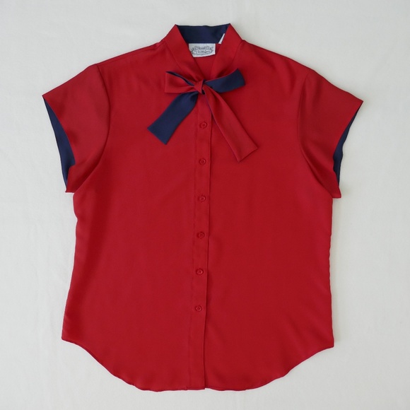 Vintage Tops - Vintage Red Tie-Neck Button-Down Blouse